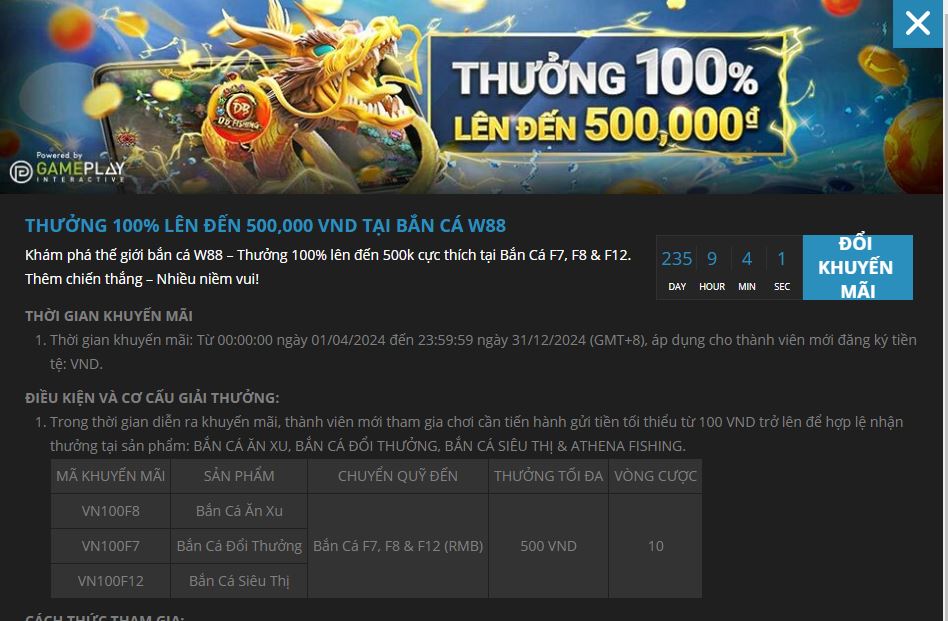 Thưởng 100% lên đến 500.000 vnđ tại bắn cá w88