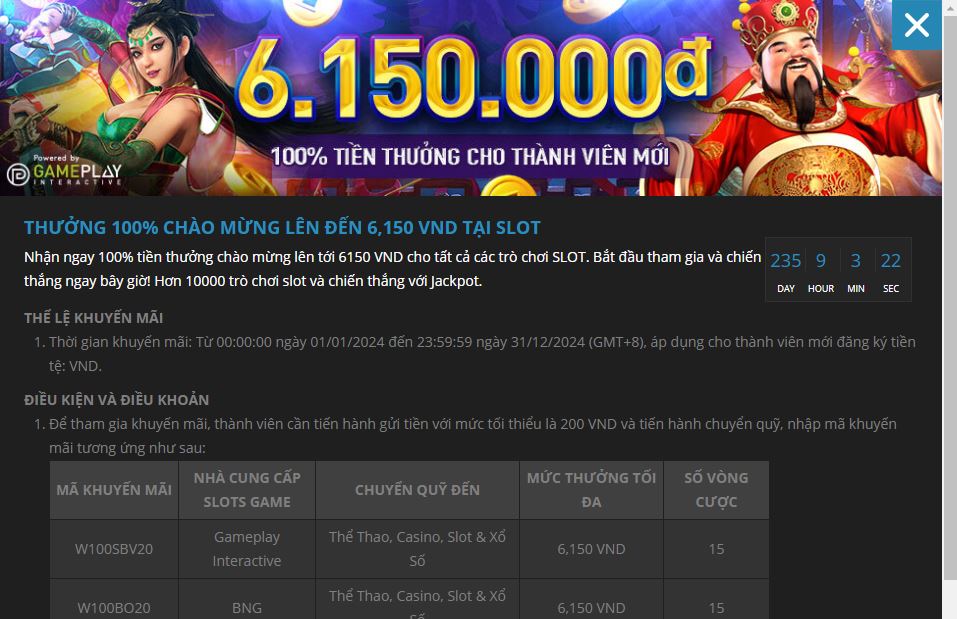 Thưởng chào mừng lên tới 6.150.000 vnđ