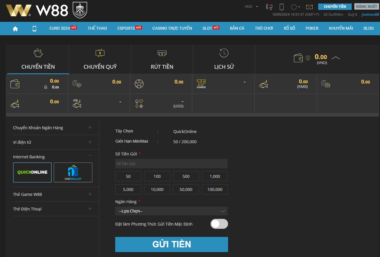 Gửi tiền bằng internetbanking tại w88