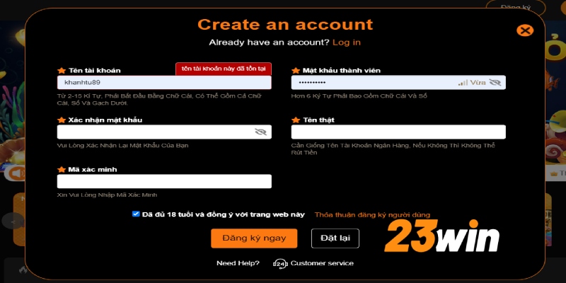 Form điền đăng ký ID cho 23win